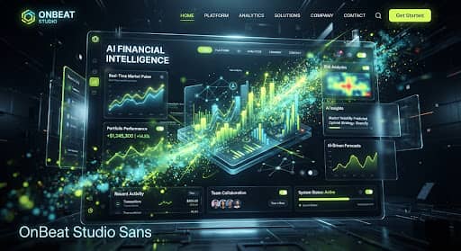 Placeholder still: 3D render of a financial SaaS dashboard with neon data particles